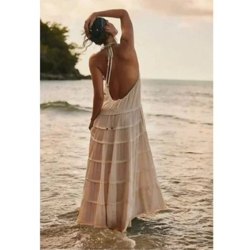 Free People Somewhere Sunny Drop-Waist Tiered Halter Maxi